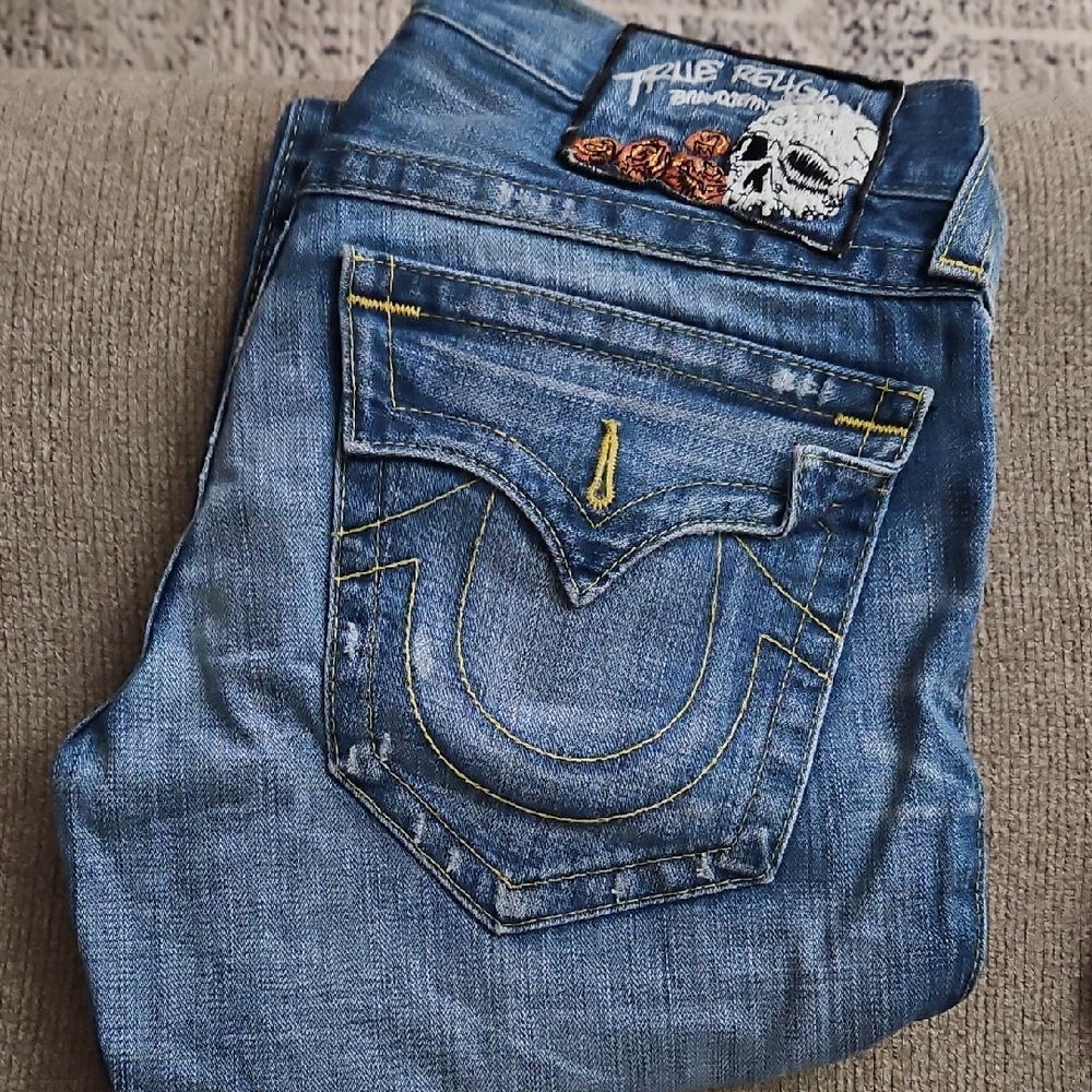 True Religion Light Blue Denim Jeans with Skull Patch